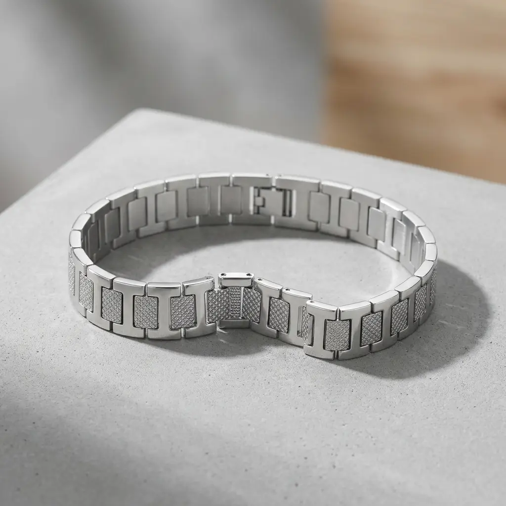 AI Generated Silver Textured Link Bracelet Lifestyle Shot