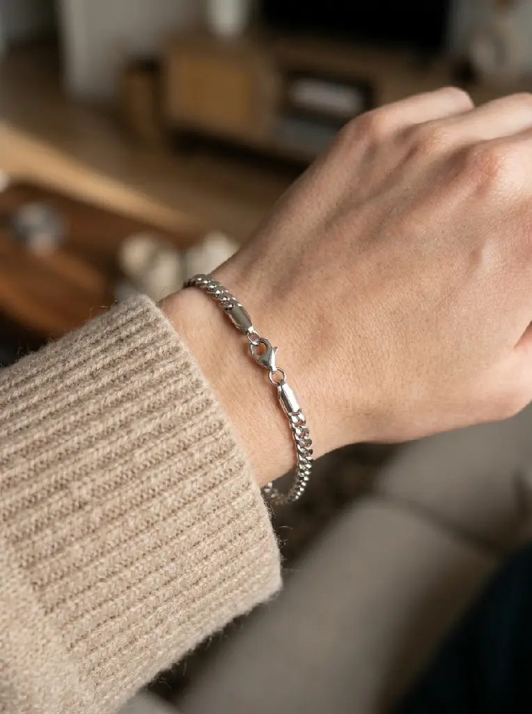 AI Generated Silver Curb Chain Bracelet on Wrist