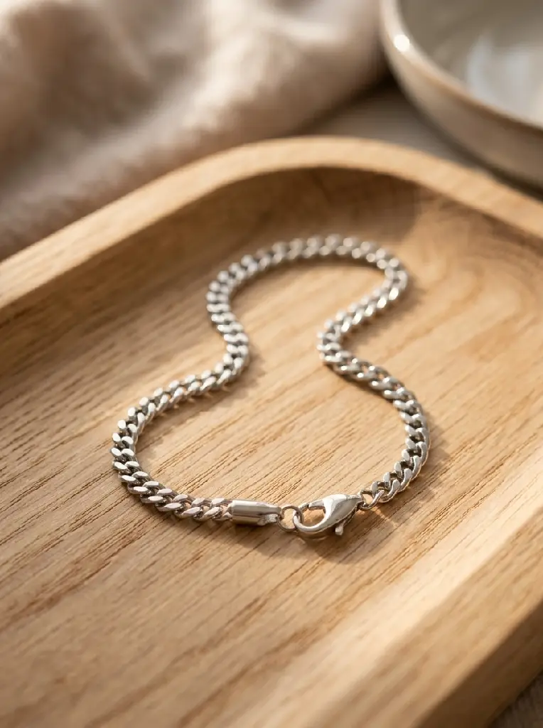 AI Generated Silver Curb Chain Bracelet Lifestyle Image