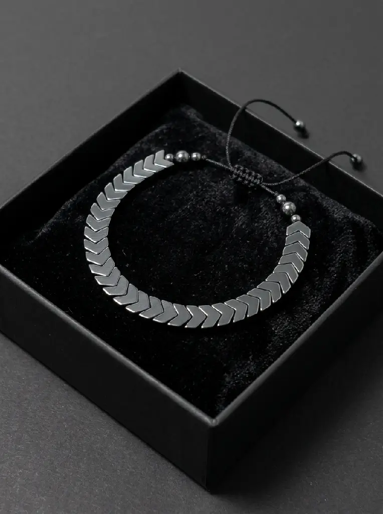 AI Generated Hematite Chevron Bracelet Premium Packaging
